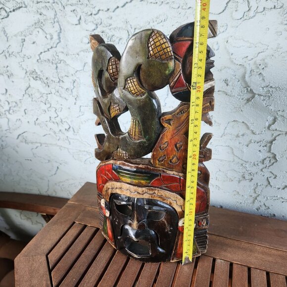 Hand-Carved Mayan Aztec Wooden Mask Tribal Wall Art with Snake, Jaguar & Warrior - Picture 8 of 16